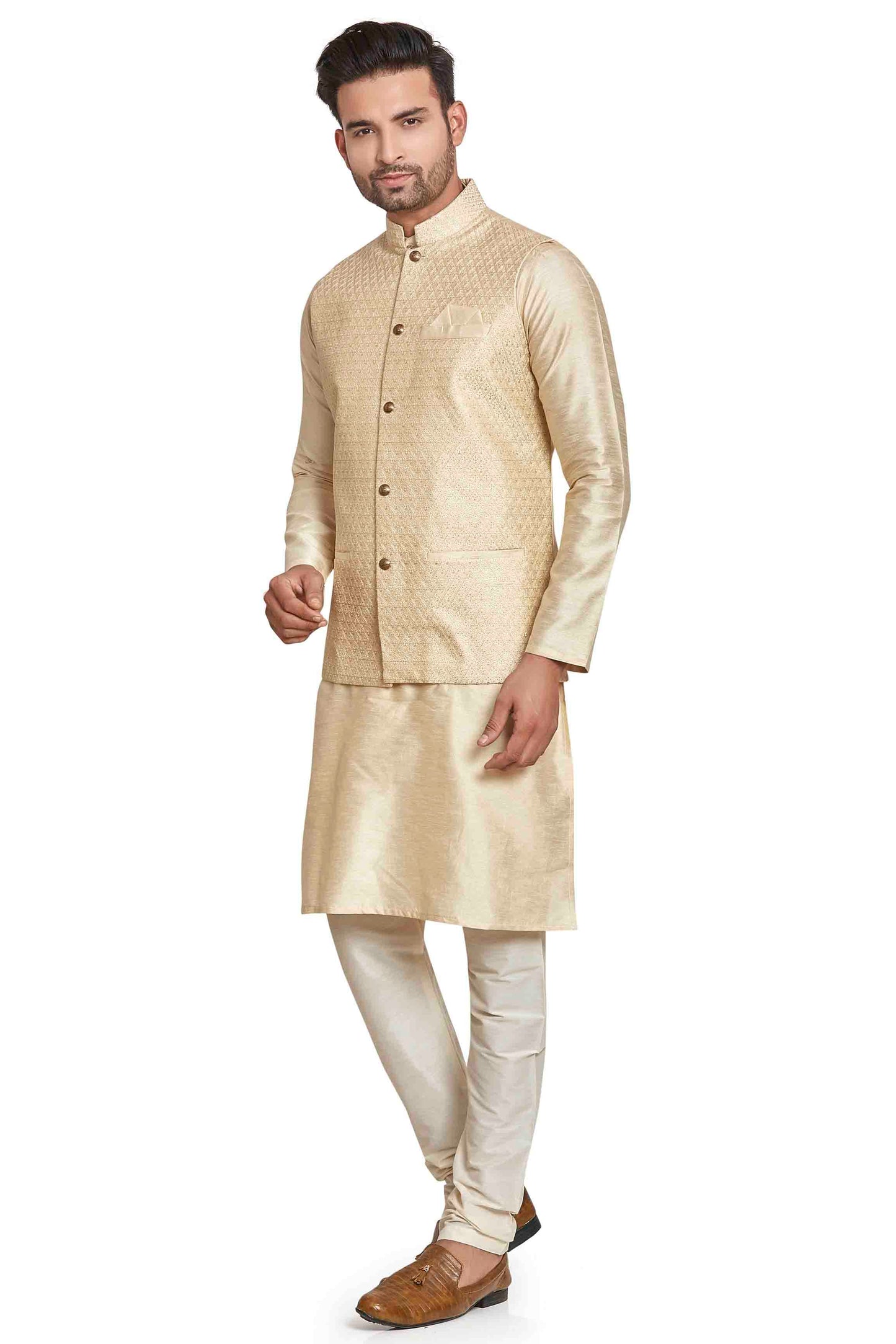 Cream Colour Kurta Pajama With Jacket In Silk