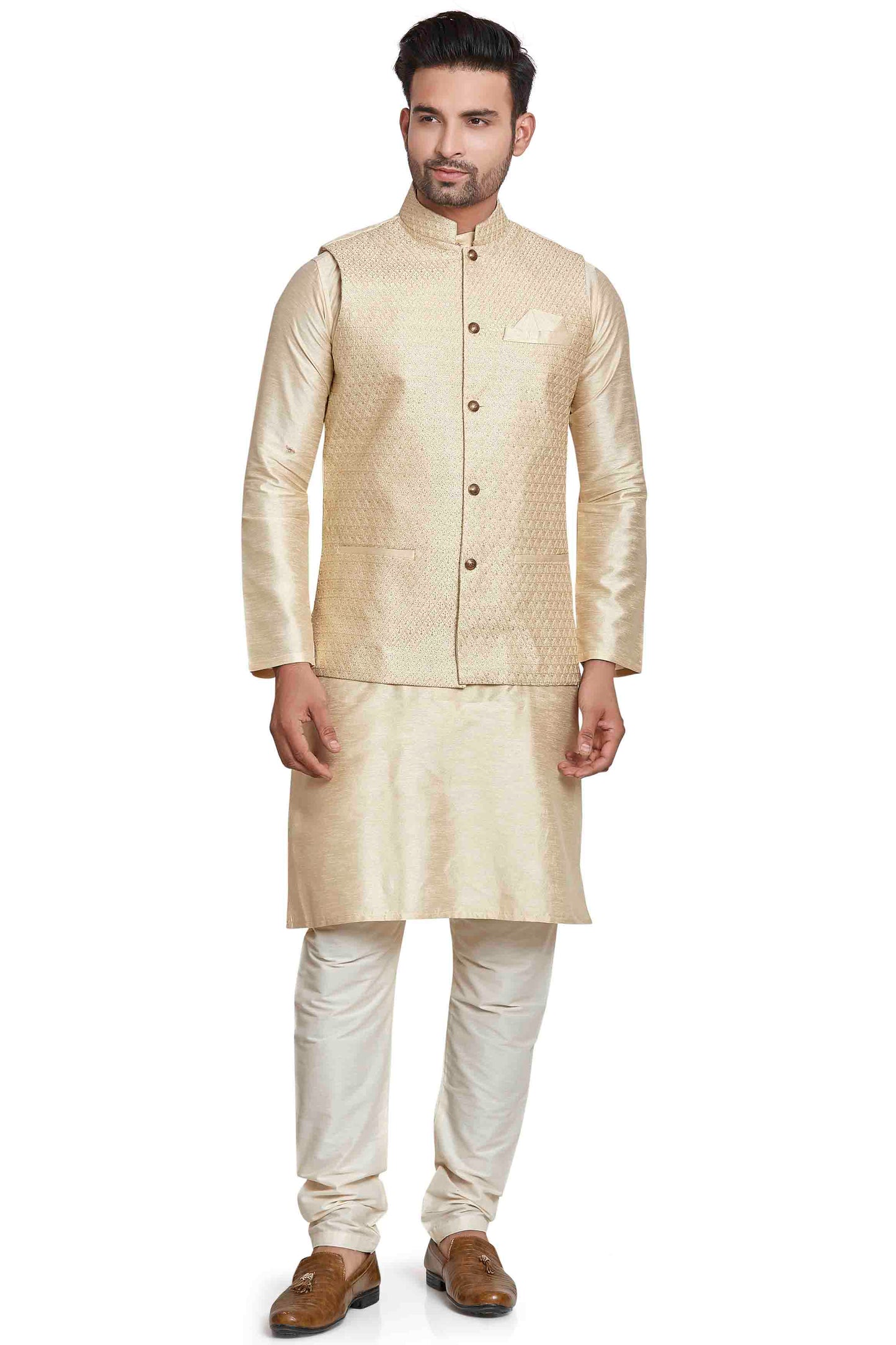 Cream Colour Kurta Pajama With Jacket In Silk