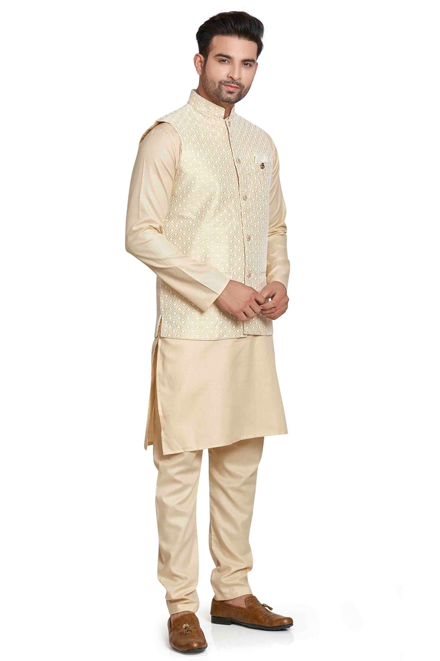 Cream Colour Kurta Pajama With Jacket In Silk