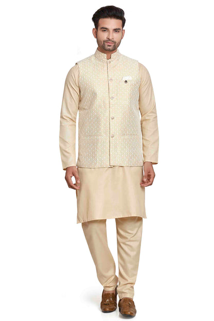 Cream Colour Kurta Pajama With Jacket In Silk