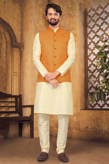 Cream Colour Kurta Pajama With Jacket In Silk