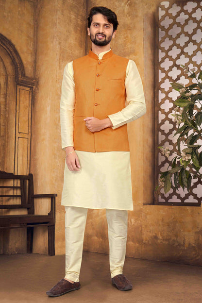 Cream Colour Kurta Pajama With Jacket In Silk