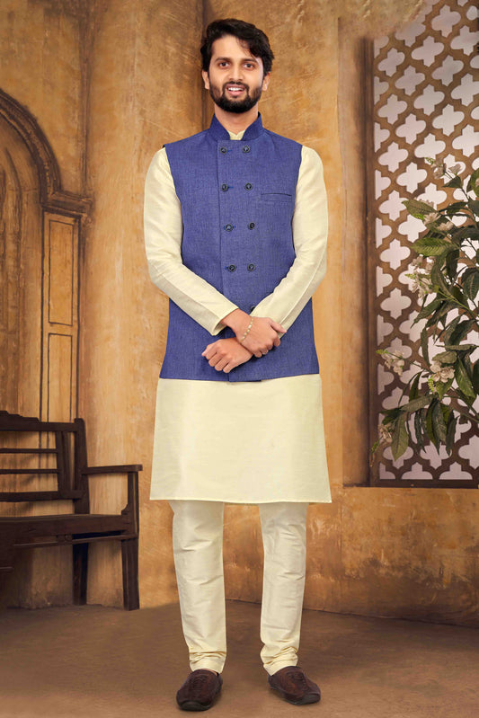 Cream Colour Kurta Pajama With Jacket In Silk