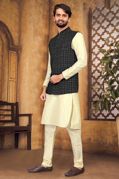 Cream Colour Kurta Pajama With Jacket In Silk