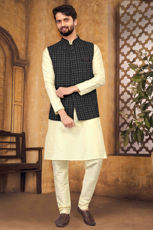 Cream Colour Kurta Pajama With Jacket In Silk