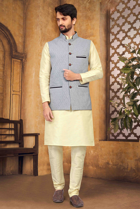 Cream Colour Kurta Pajama With Jacket In Silk