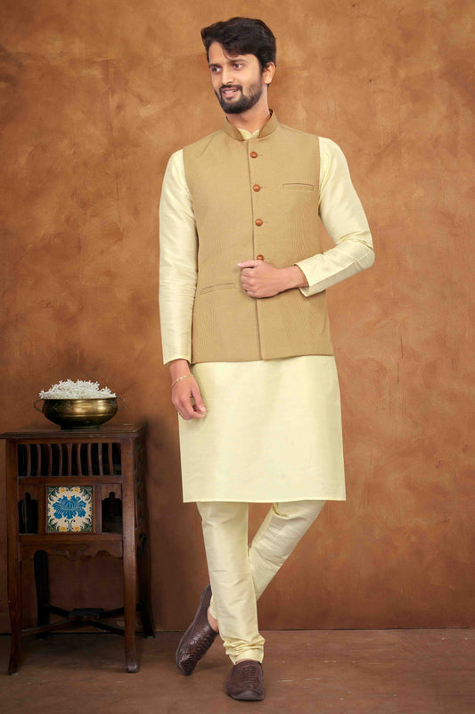 Cream Colour Kurta Pajama With Jacket In Silk