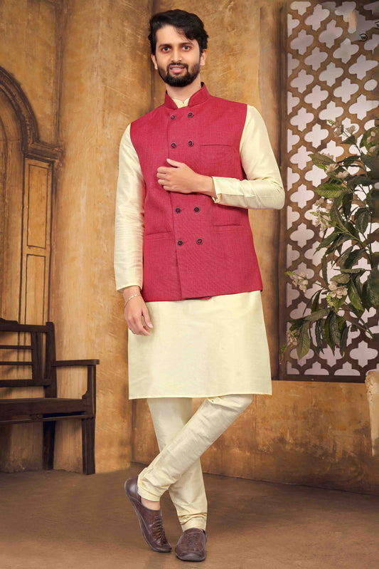 Cream Colour Kurta Pajama With Jacket In Silk