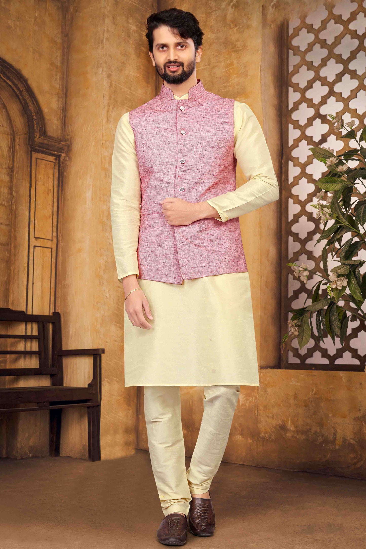 Cream Colour Kurta Pajama With Jacket In Silk