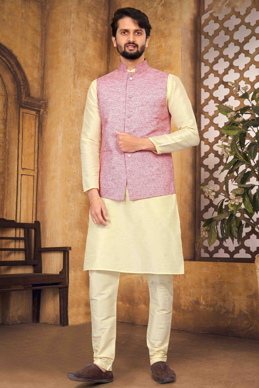 Cream Colour Kurta Pajama With Jacket In Silk