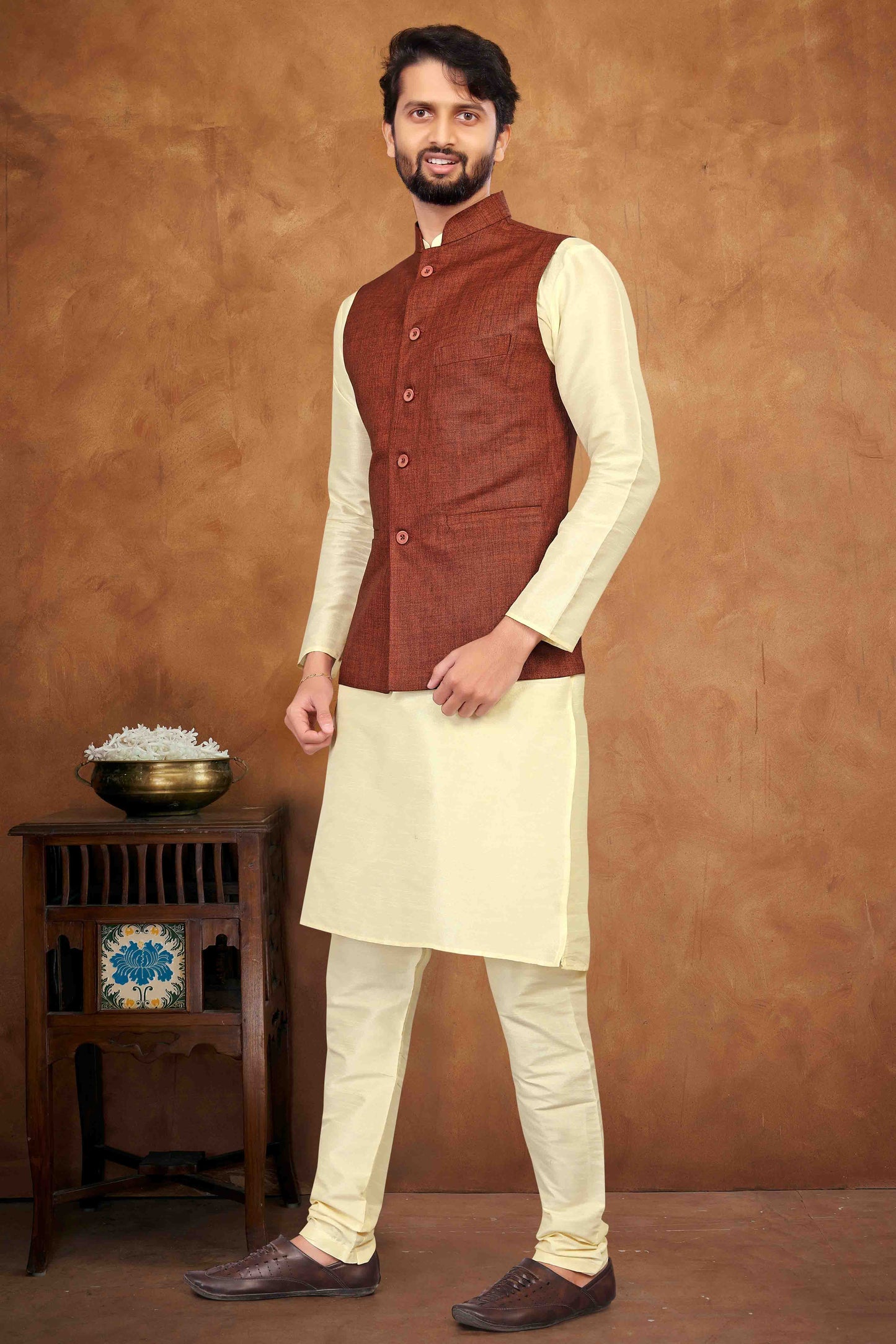 Cream Colour Kurta Pajama With Jacket In Silk