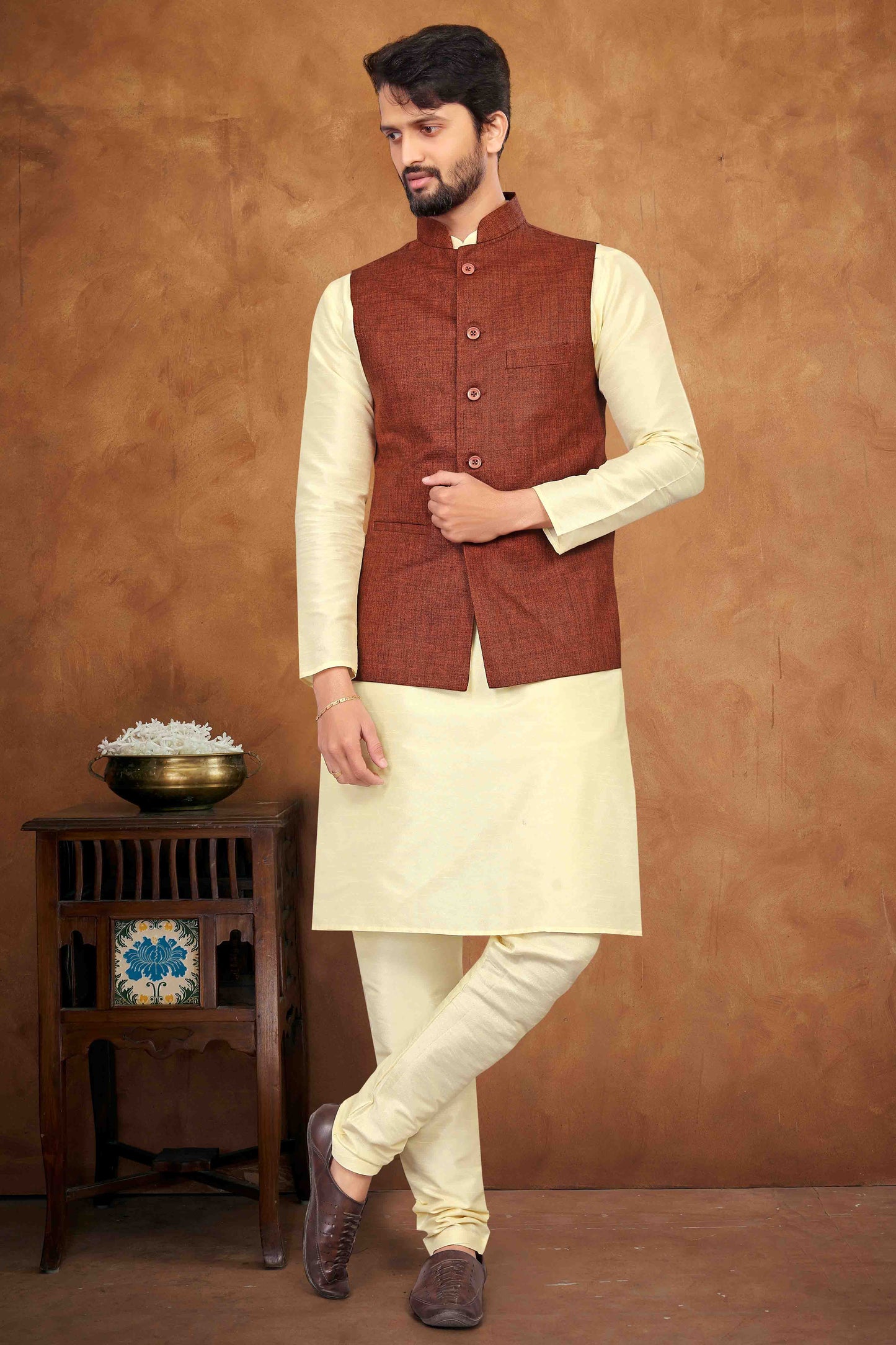 Cream Colour Kurta Pajama With Jacket In Silk