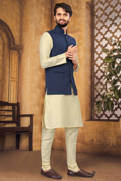 Cream Colour Kurta Pajama With Jacket In Silk