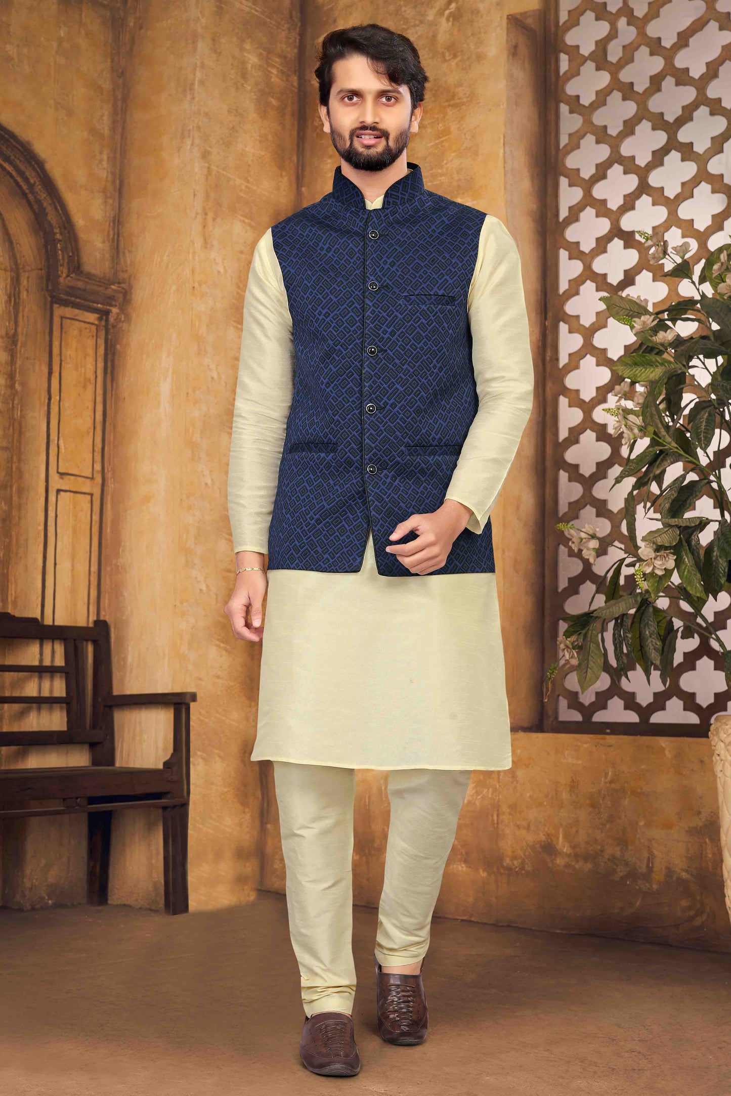 Cream Colour Kurta Pajama With Jacket In Silk