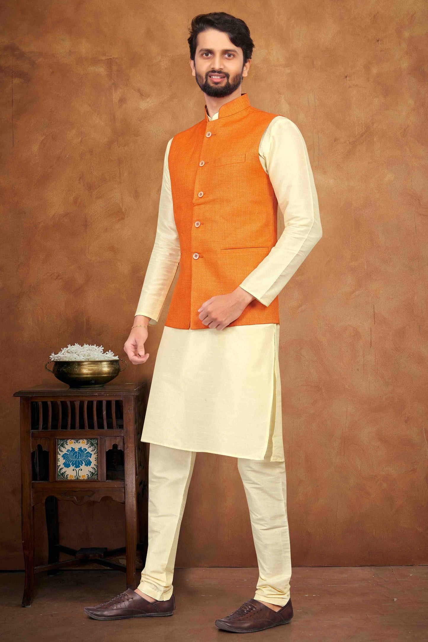 Cream Colour Kurta Pajama With Jacket In Silk