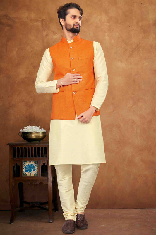 Cream Colour Kurta Pajama With Jacket In Silk