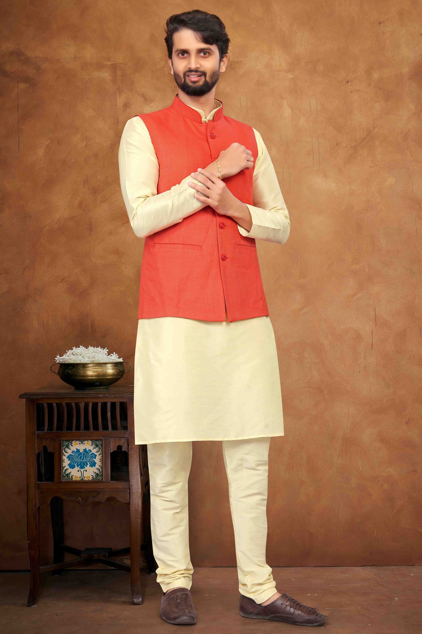 Cream Colour Kurta Pajama With Jacket In Silk