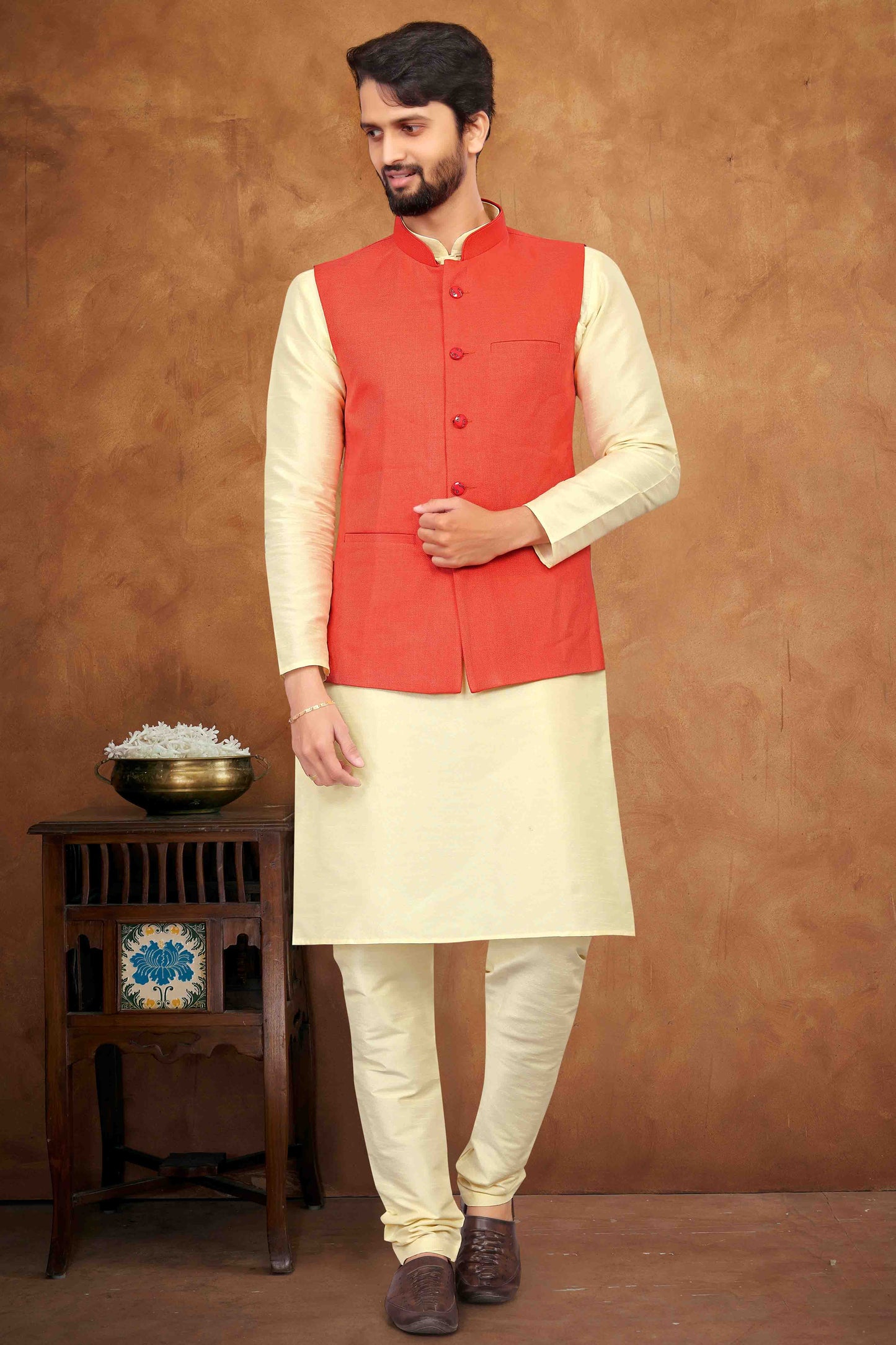 Cream Colour Kurta Pajama With Jacket In Silk