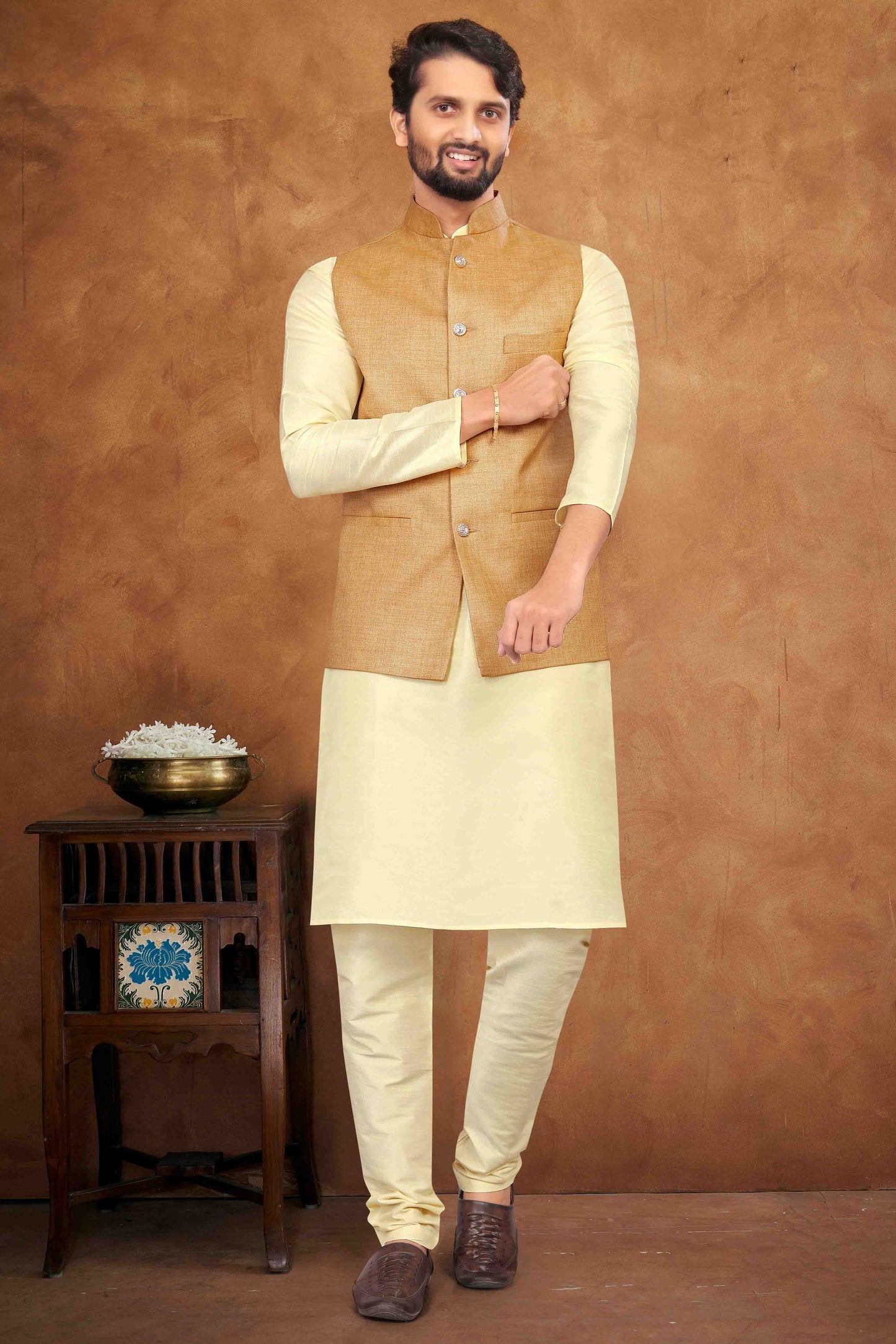 Cream Colour Kurta Pajama With Jacket In Silk