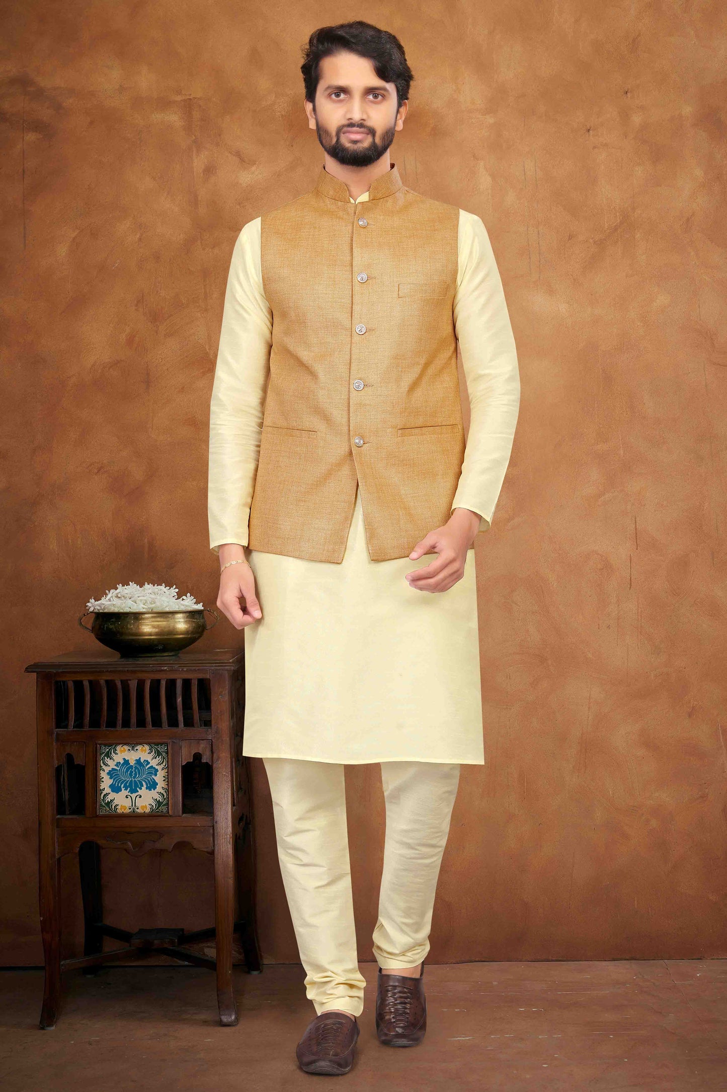 Cream Colour Kurta Pajama With Jacket In Silk