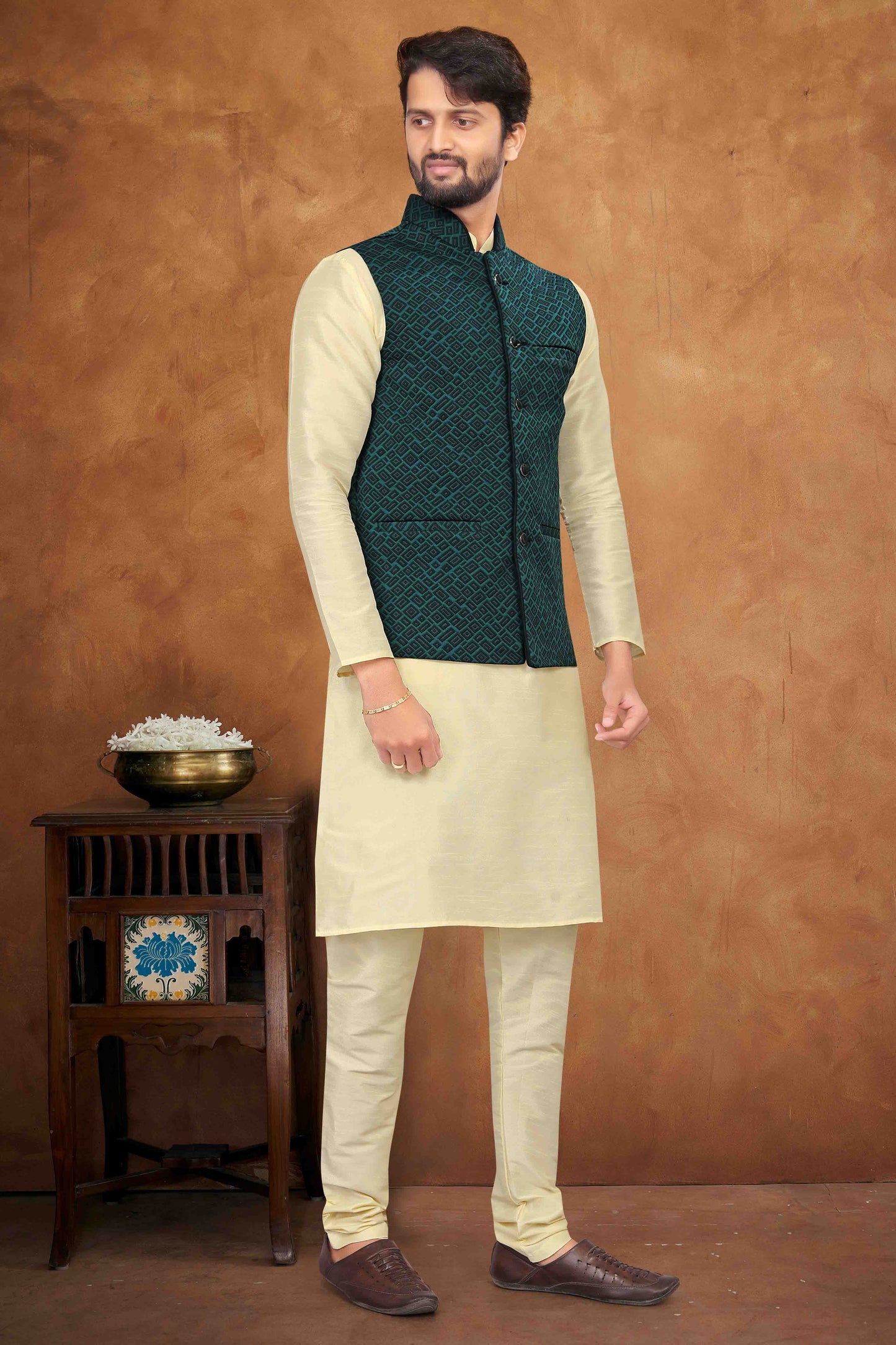 Cream Colour Kurta Pajama With Jacket In Silk