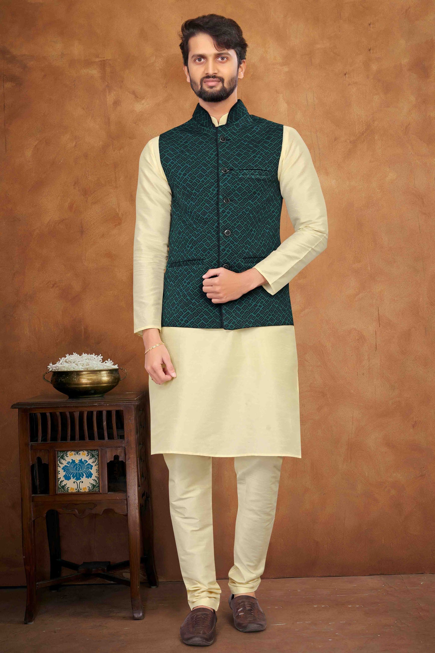 Cream Colour Kurta Pajama With Jacket In Silk