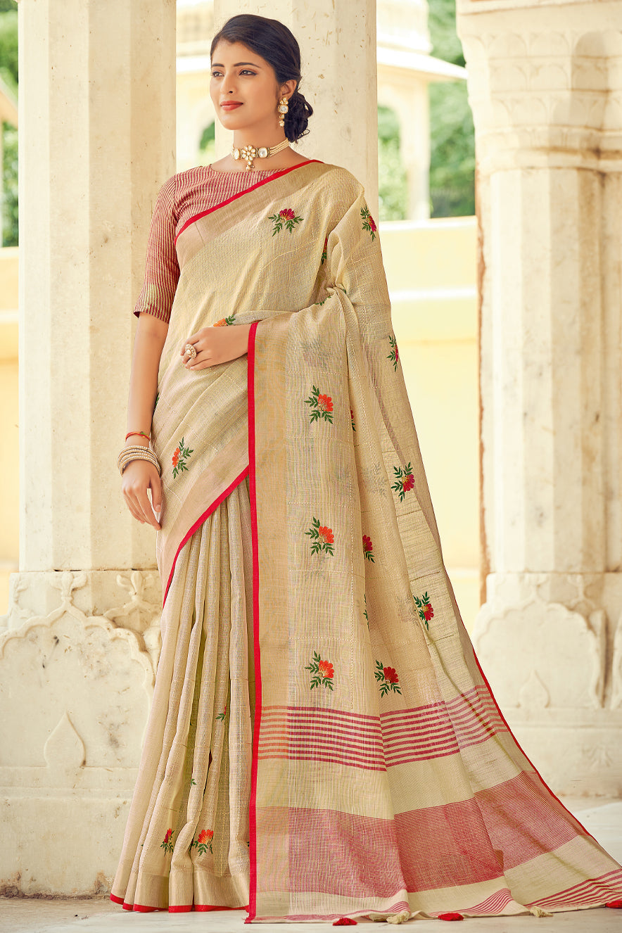 Cream Colour Linen Traditional Saree In Woven Work