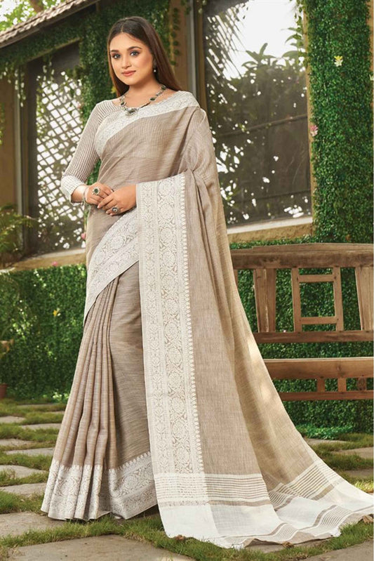 Cream Colour Linen Woven Saree