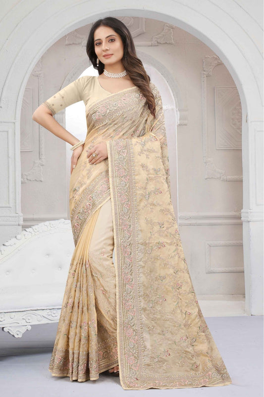 Cream Colour Organza Embroidery Saree