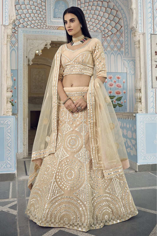 Cream Colour Organza Thread Work Lehenga Choli