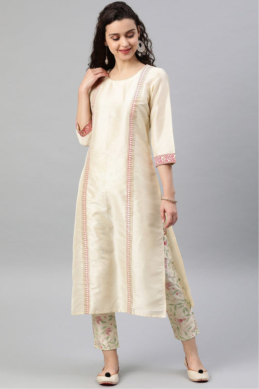 Cream Colour Plus Size Poly Silk Kurta Set