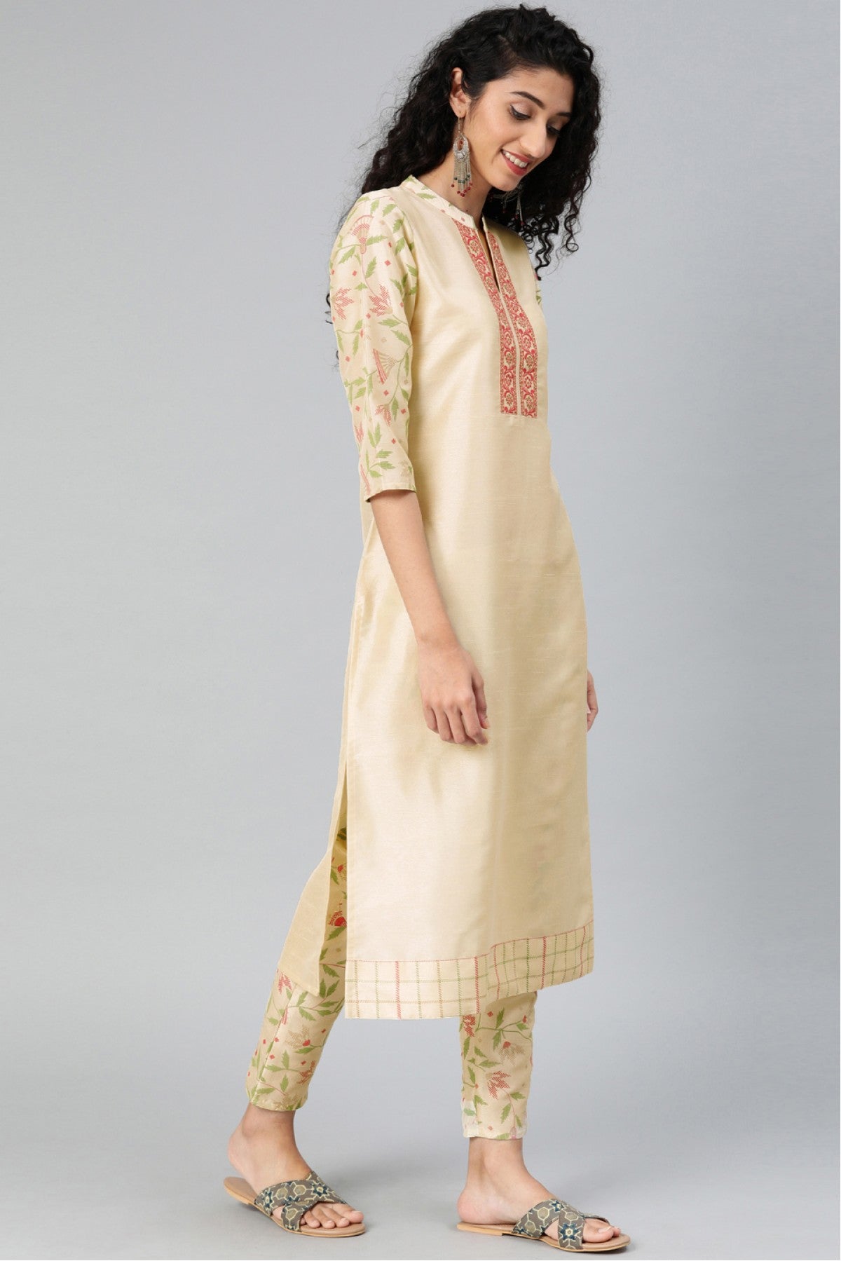 Cream Colour Plus Size Poly Silk Kurta Set