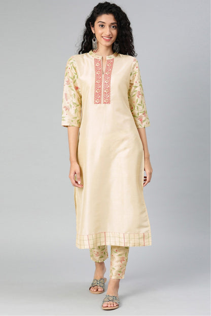 Cream Colour Plus Size Poly Silk Kurta Set