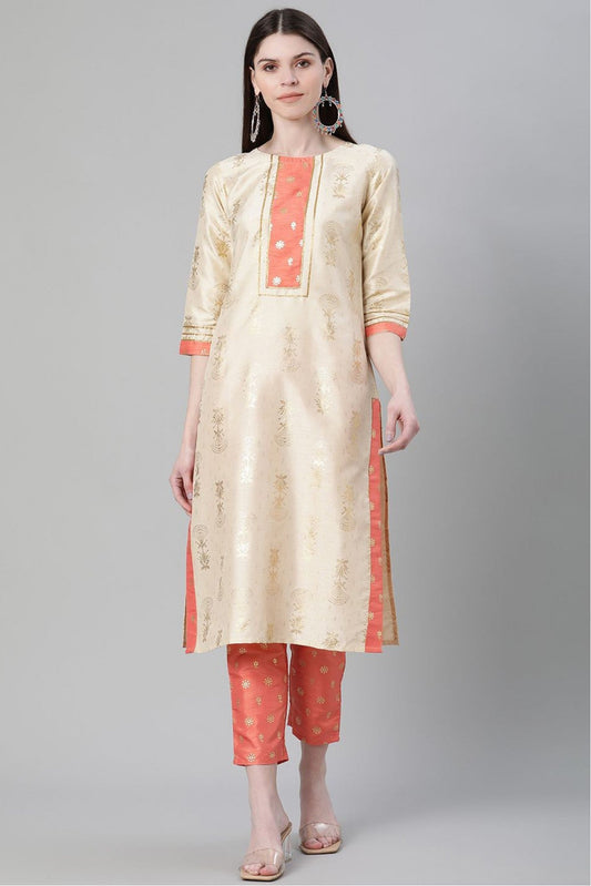 Cream Colour Plus Size Poly Silk Printed Kurta Pant Set