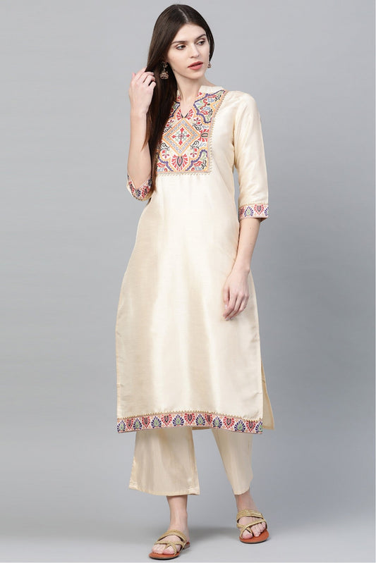 Cream Colour Plus Size Poly Silk Straight Kurta Palazzo Set