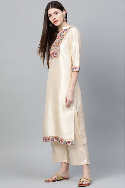 Cream Colour Plus Size Poly Silk Straight Kurti