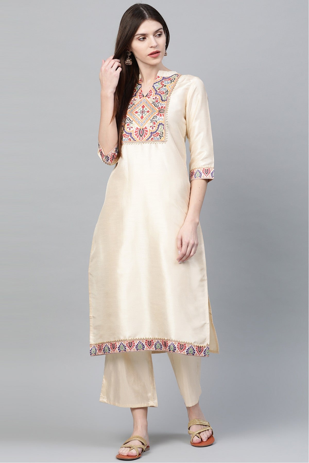 Cream Colour Plus Size Poly Silk Straight Kurti