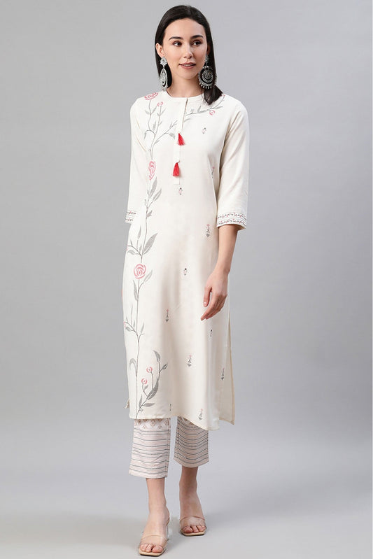 Cream Colour Plus Size Rayon Foil Print Kurti With Pant Set