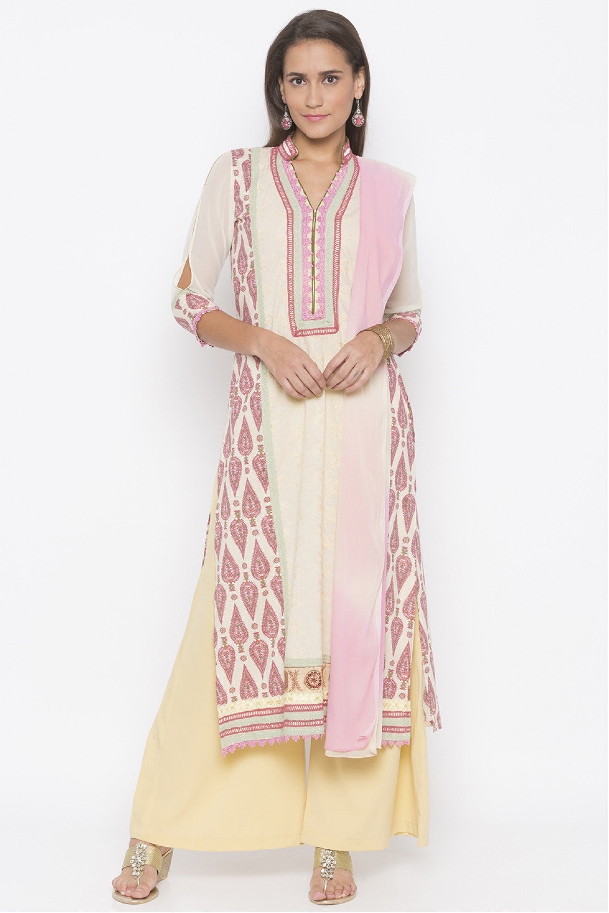 Cream Colour Plus Size Stitched Cotton Embroidery Palazzo Pant Suit