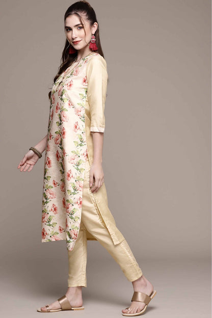 Cream Colour Poly Silk Digital Print Kurta With Pant