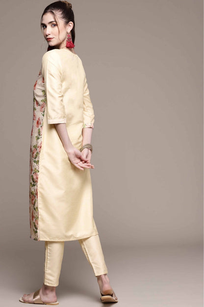 Cream Colour Poly Silk Digital Print Kurta With Pant