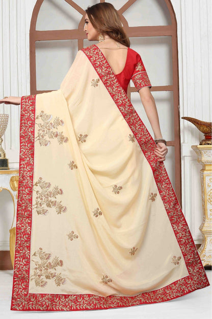 Cream Colour Pure Satin Designer Saree