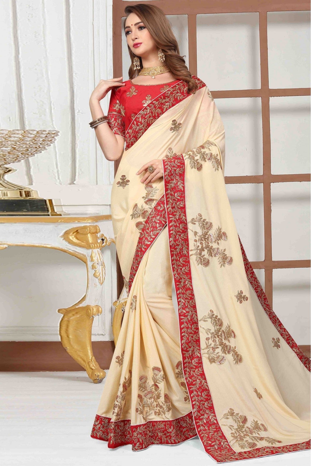 Cream Colour Pure Satin Designer Saree