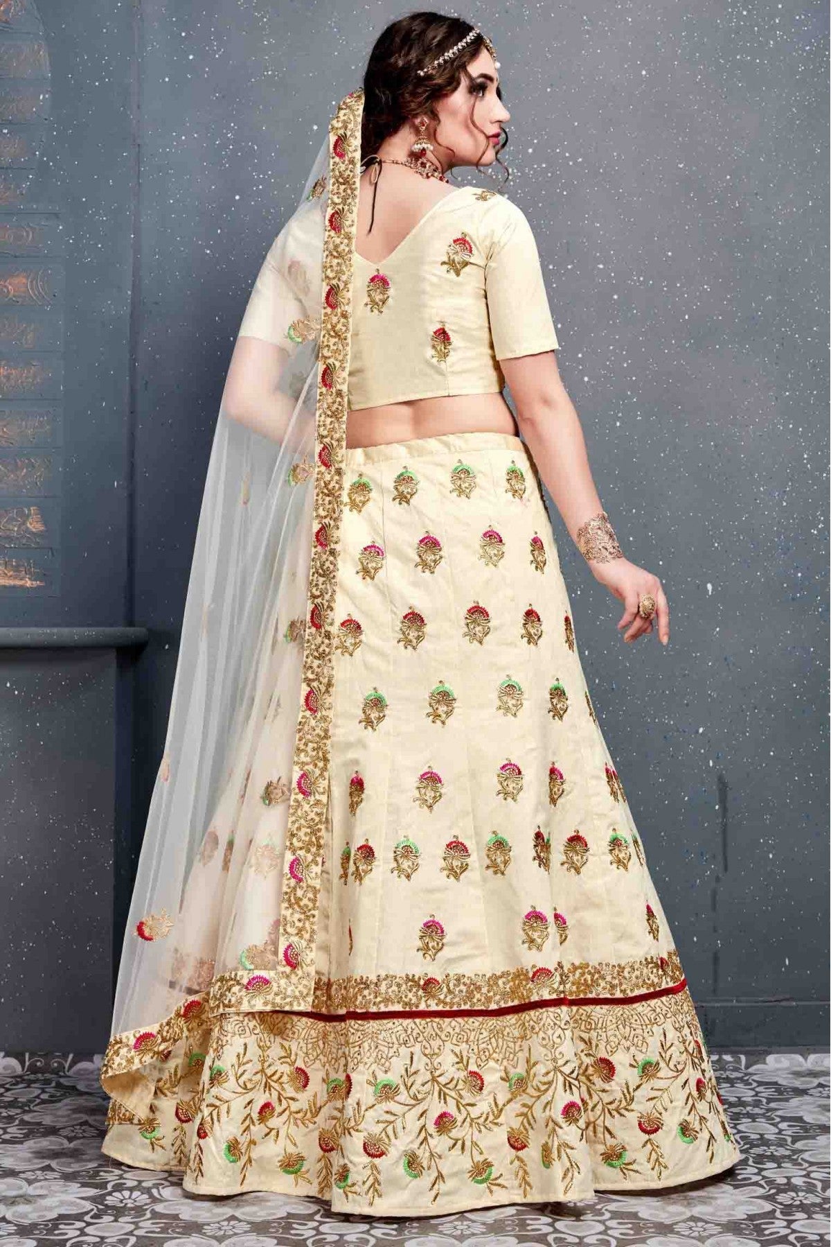 Cream Colour Slub Silk Lehenga Choli