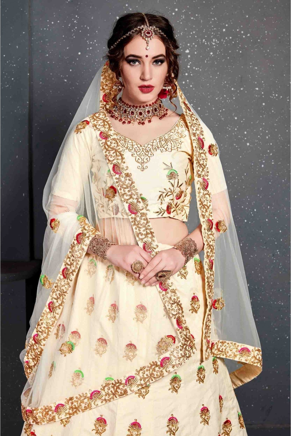 Cream Colour Slub Silk Lehenga Choli