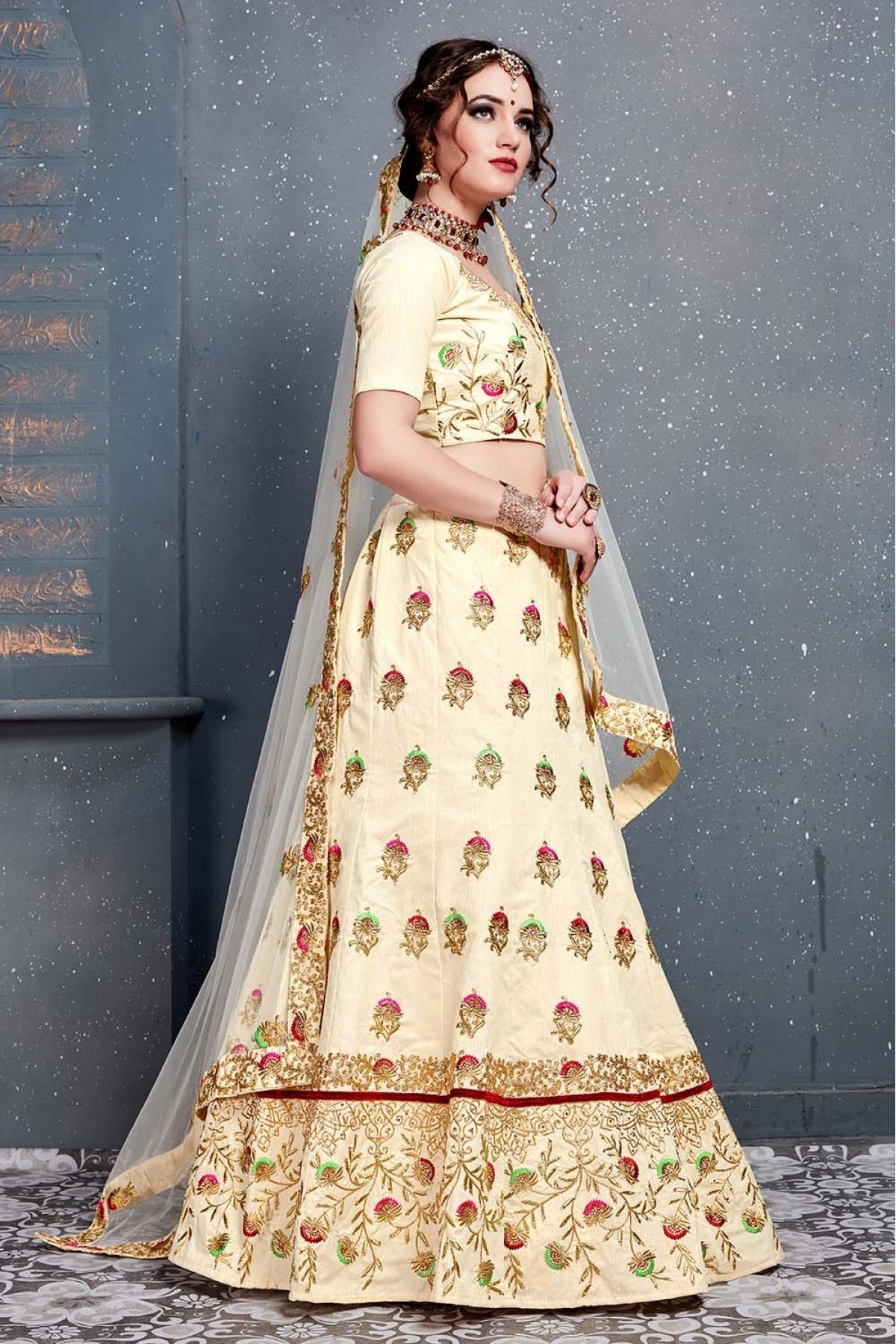 Cream Colour Slub Silk Lehenga Choli