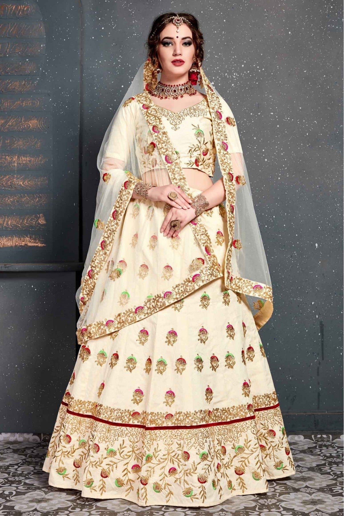 Cream Colour Slub Silk Lehenga Choli