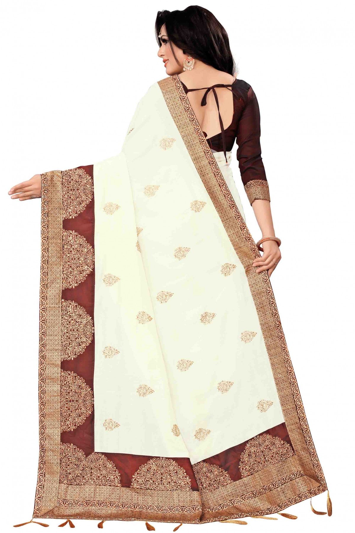 Cream Colour Vichitra Silk Designer Saree