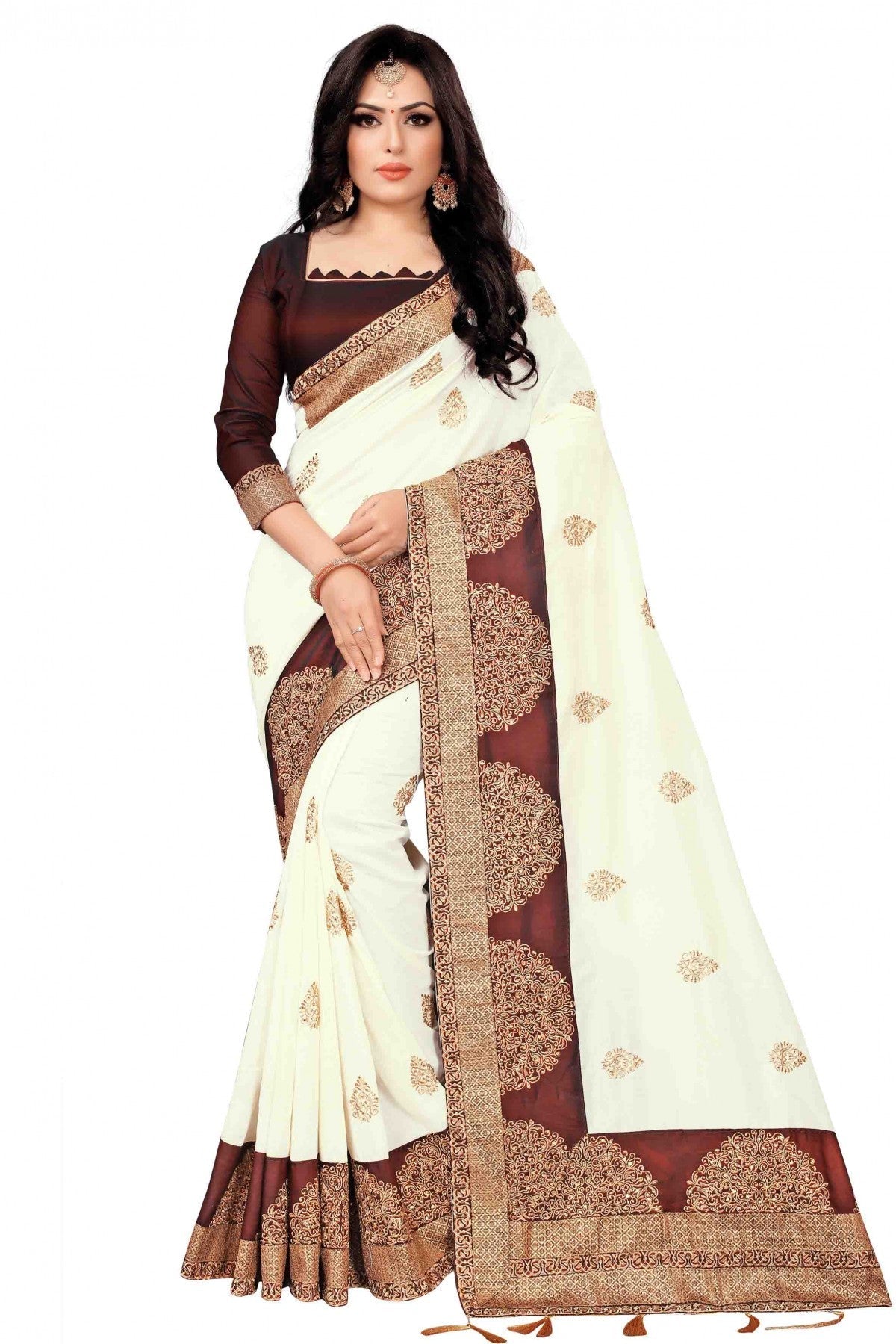 Cream Colour Vichitra Silk Designer Saree