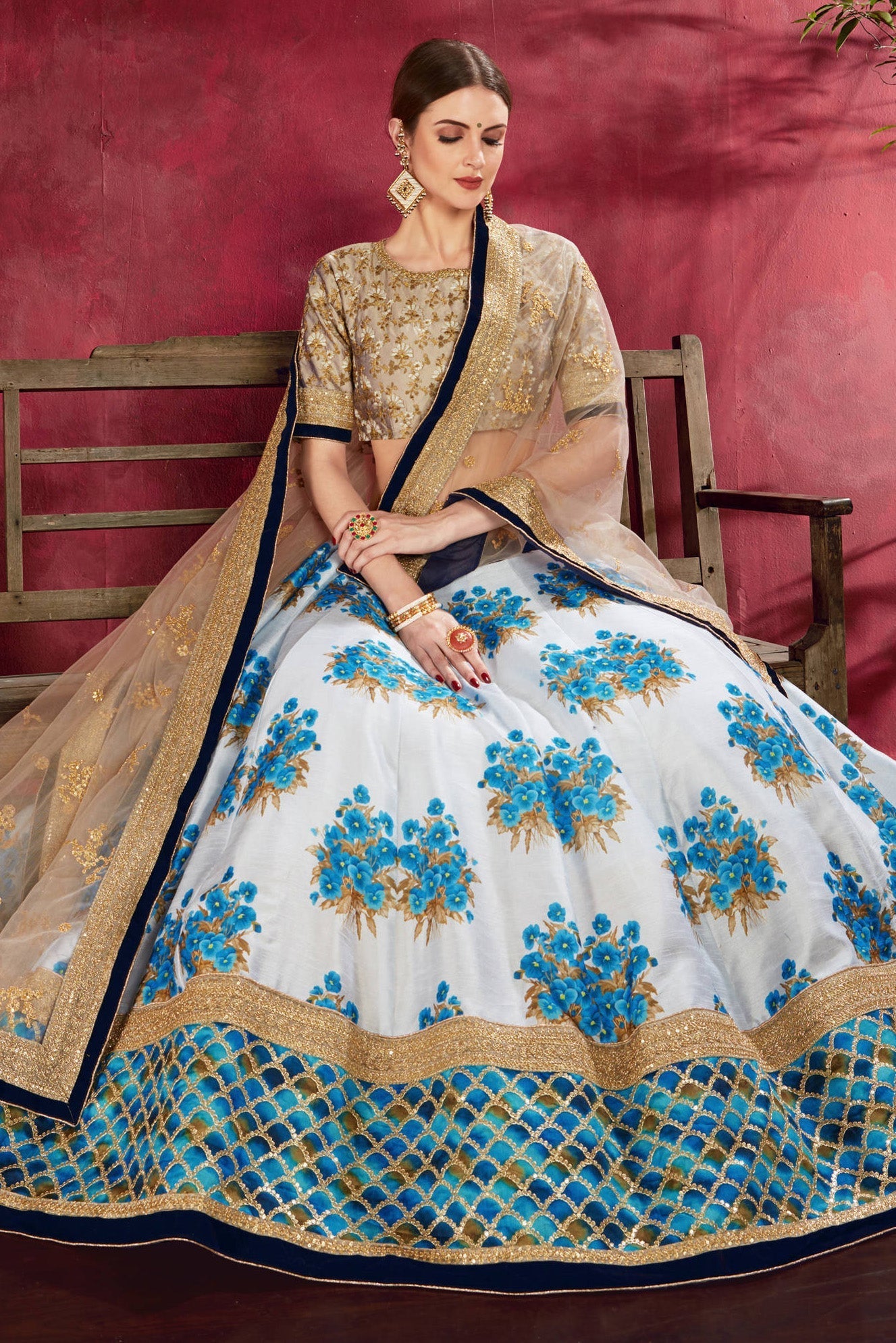 Cream Sky Blue Banglori Silk Designer Lehenga Choli